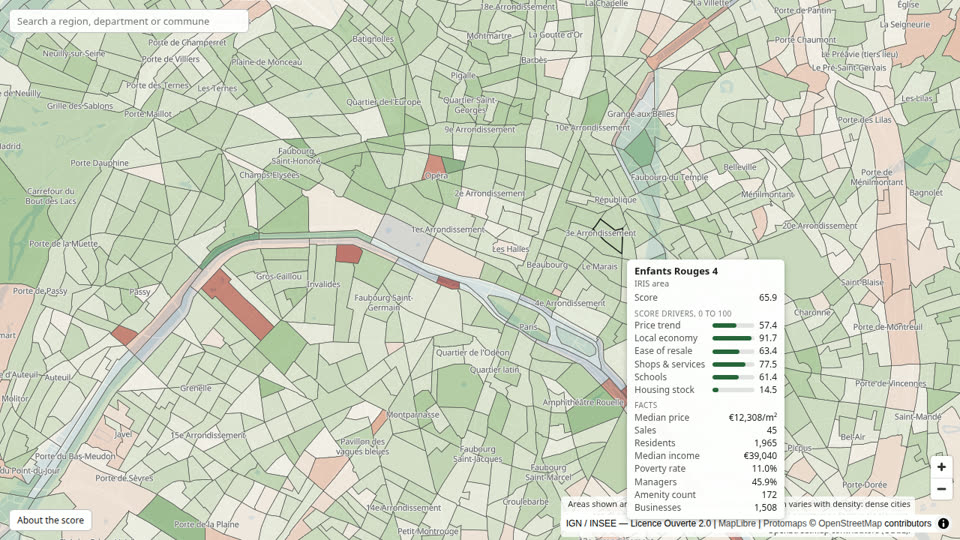 Central Paris divided into IRIS neighbourhoods, with the readout for one of them showing its score, price per square metre and income.