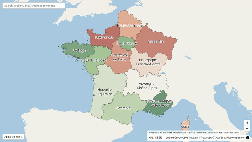 France coloured by region, from red Normandie to green Bretagne and Provence.